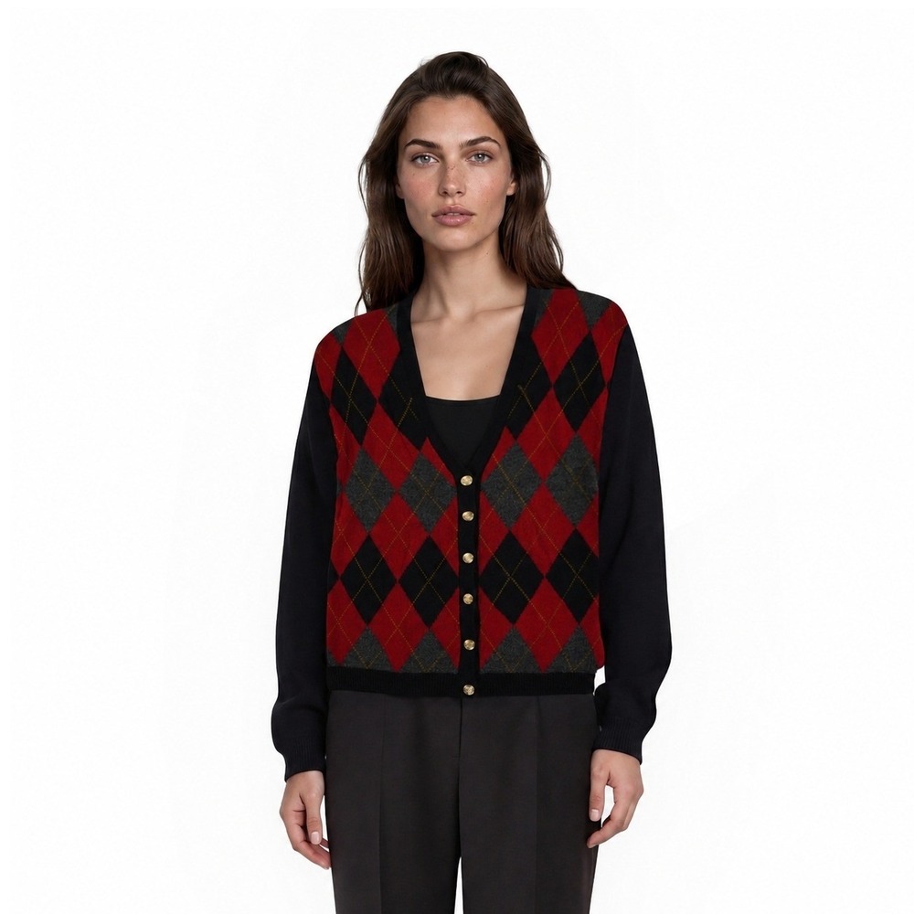 Vintage Evan Picone Cardigan‎ Sweater Women's Size Large Argyle 100% Wool Crest